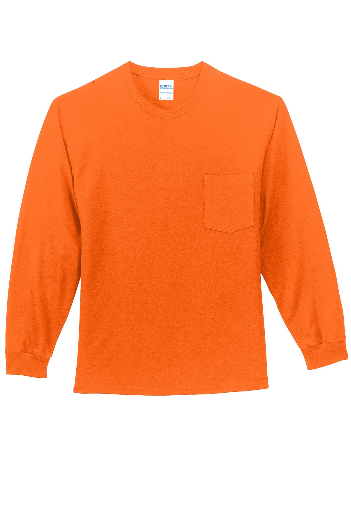Front View of SOrange Port & Company Long Sleeve Essential Pocket Tee. PC61LSP
