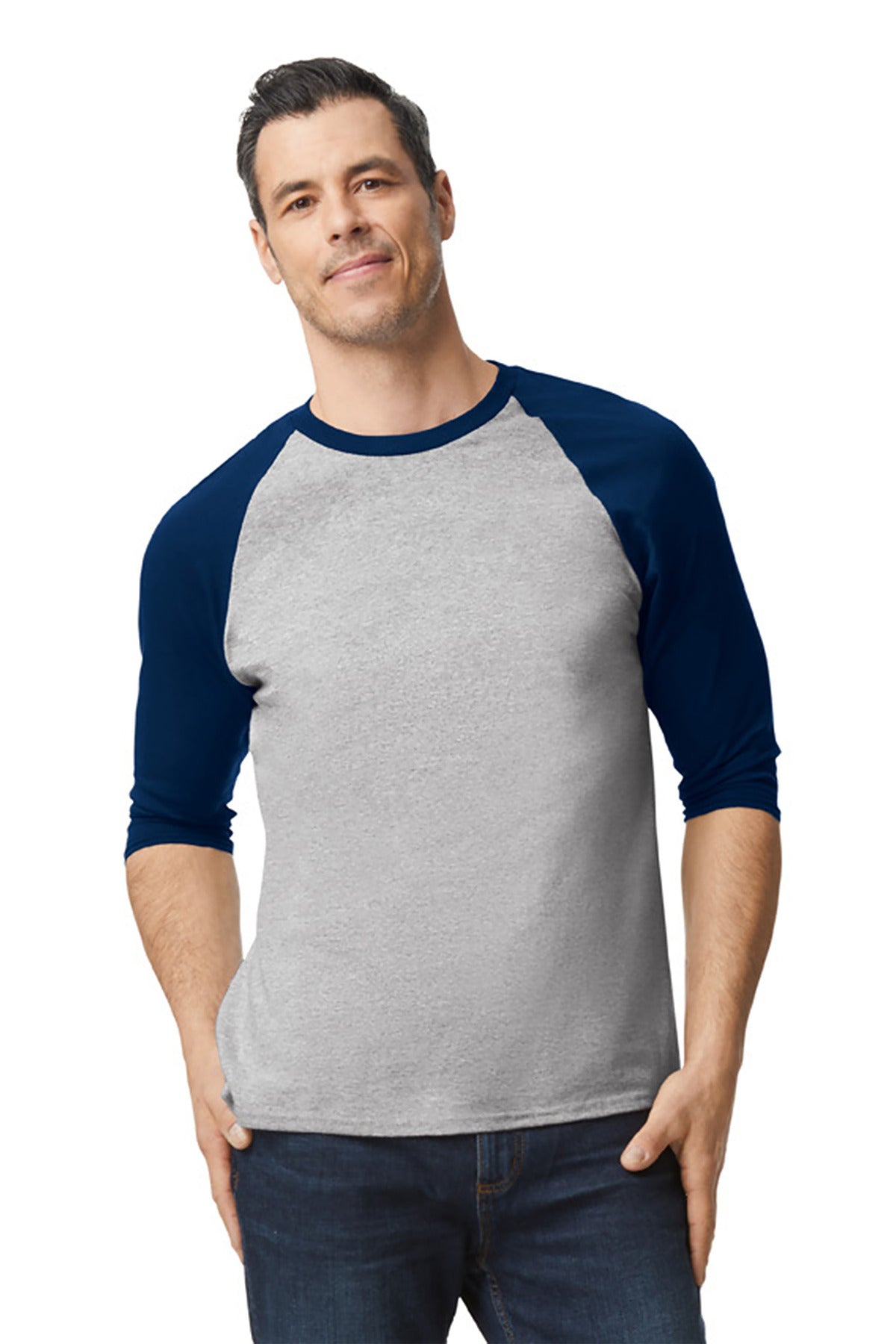 Front View of SpGTrimNvy Gildan Heavy Cotton 3/4-Sleeve Raglan T-Shirt. 5700