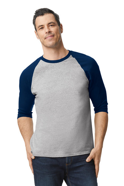 Front View of SpGTrimNvy Gildan Heavy Cotton 3/4-Sleeve Raglan T-Shirt. 5700