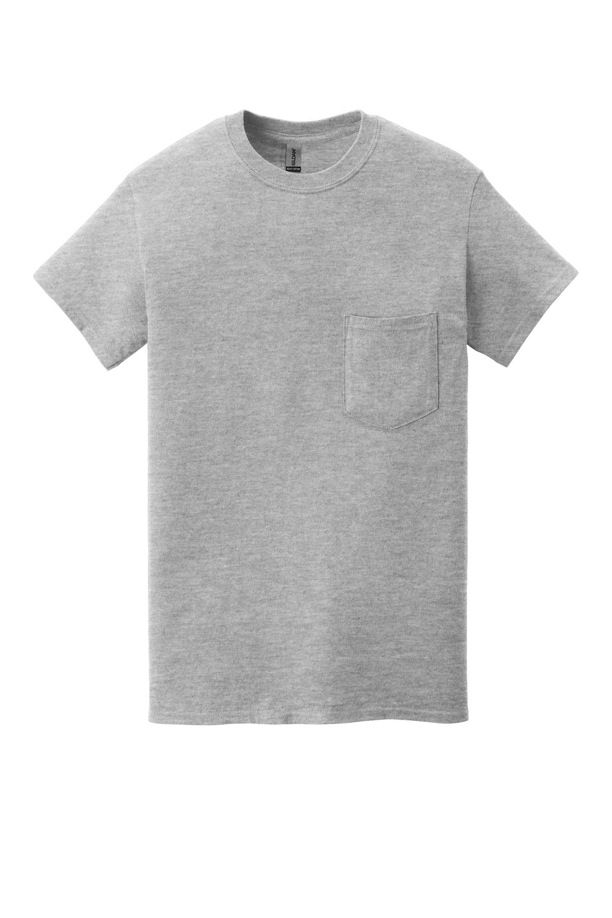 Front View of Sport Grey Gildan Heavy Cotton 100% Cotton Pocket T-Shirt. 5300