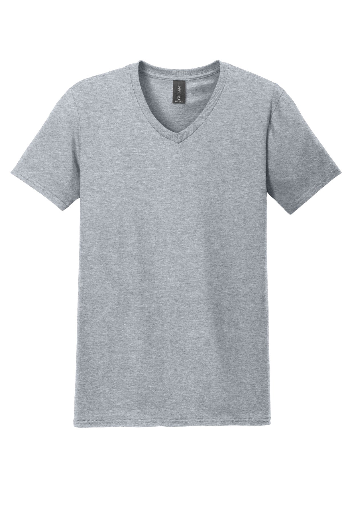 Front View of Sport Grey Gildan Softstyle V-Neck T-Shirt. 64V00