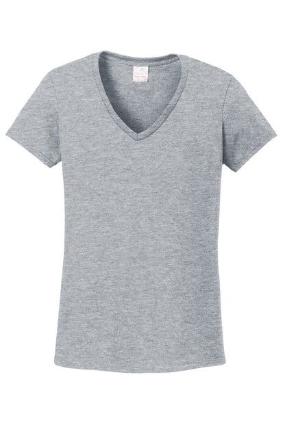 Front View of Sport Grey Gildan Women's Heavy Cotton 100% Cotton V-Neck T-Shirt. 5V00L