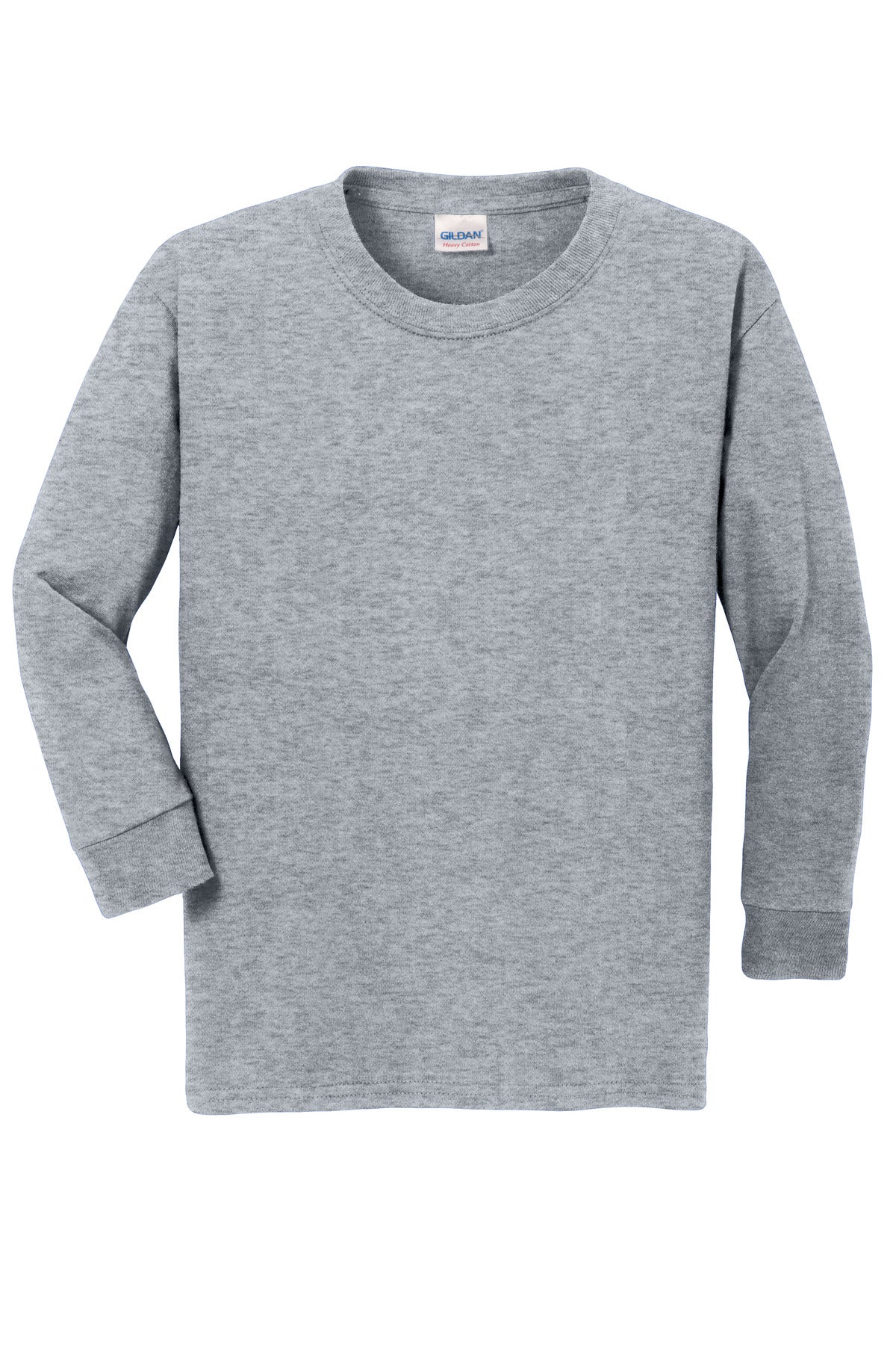 Front View of Sport Grey Gildan Youth Heavy Cotton 100% Cotton Long Sleeve T-Shirt. 5400B