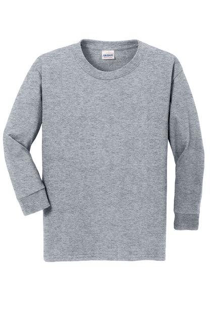 Front View of Sport Grey Gildan Youth Heavy Cotton 100% Cotton Long Sleeve T-Shirt. 5400B