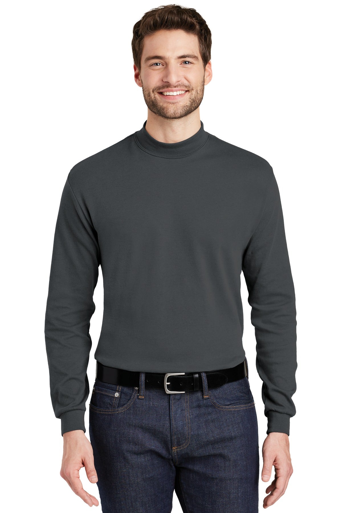 Front View of Steel Grey Port Authority Interlock Knit Mock Turtleneck. K321
