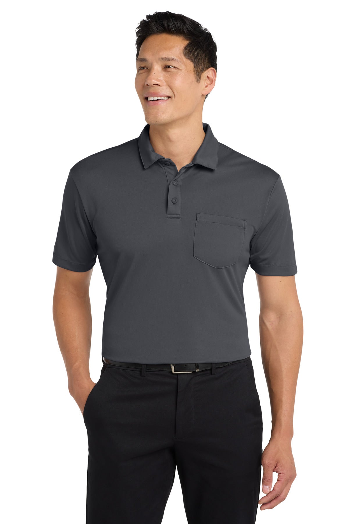 Front View of Steel Grey Port Authority Silk Touch Performance Pocket Polo. K540P