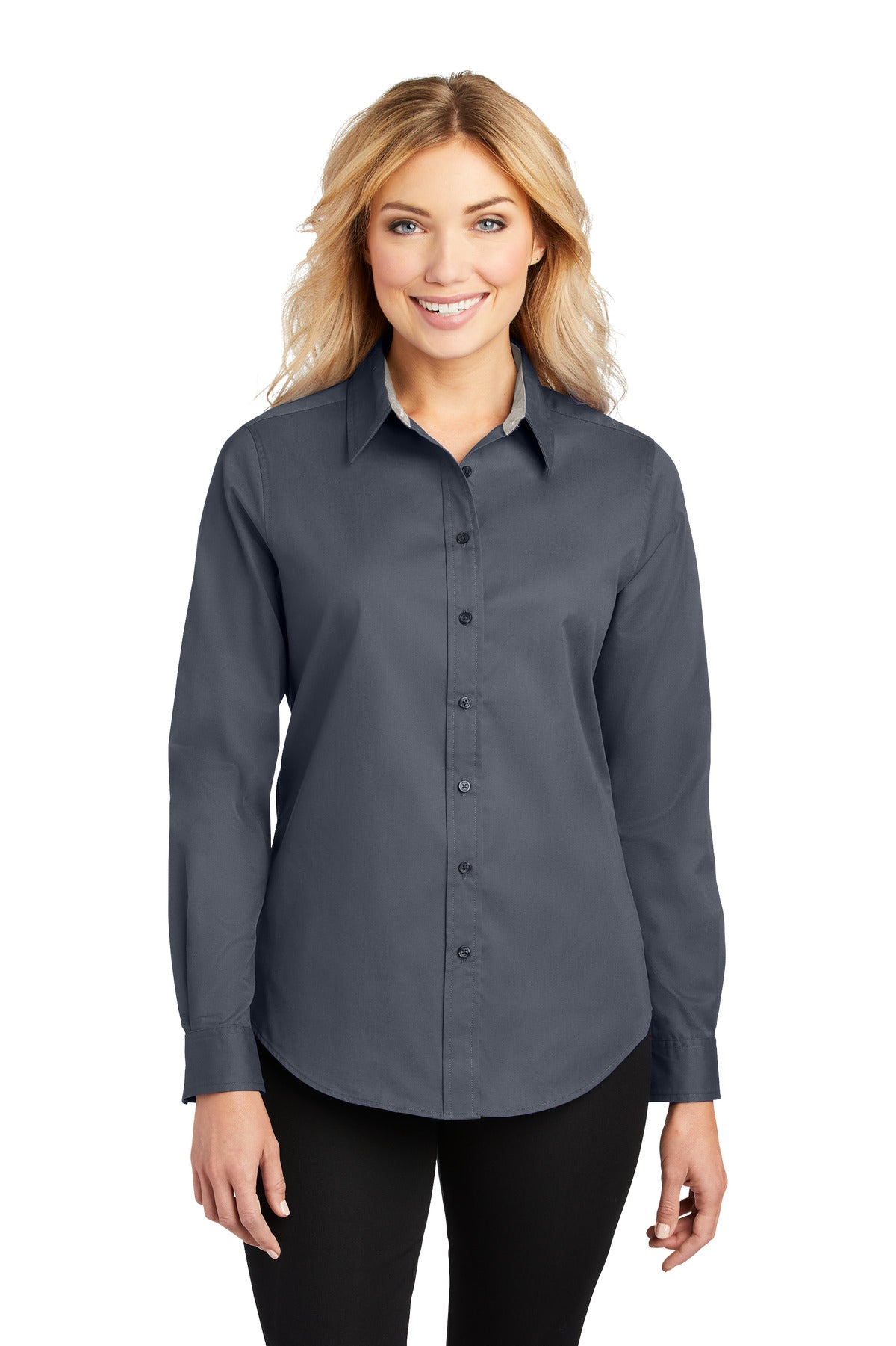 Front View of Steel Grey Port Authority Women's Long Sleeve Easy Care Shirt. L608