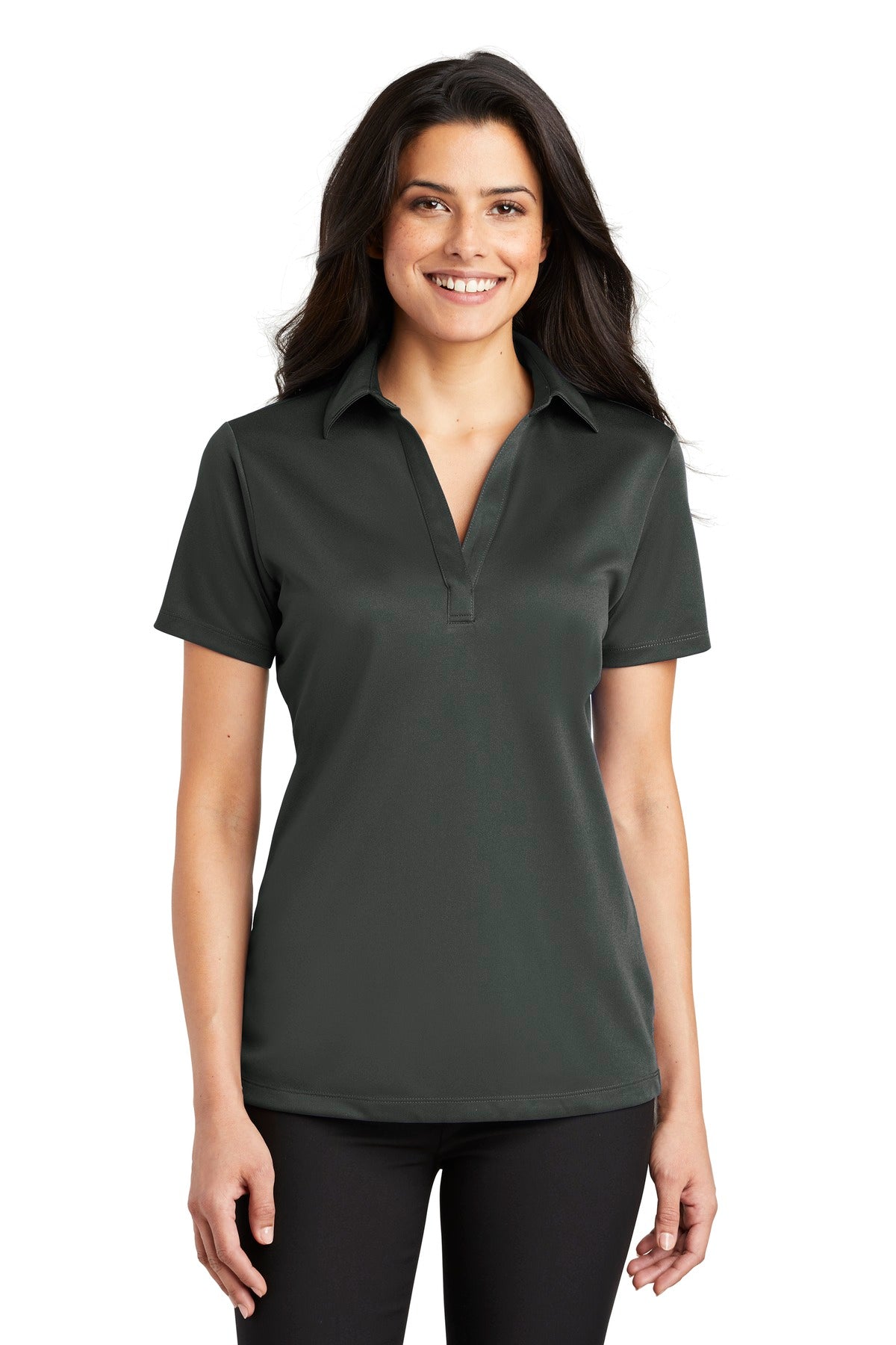 Front View of Steel Grey Port Authority Women's Silk Touch Performance Polo. L540