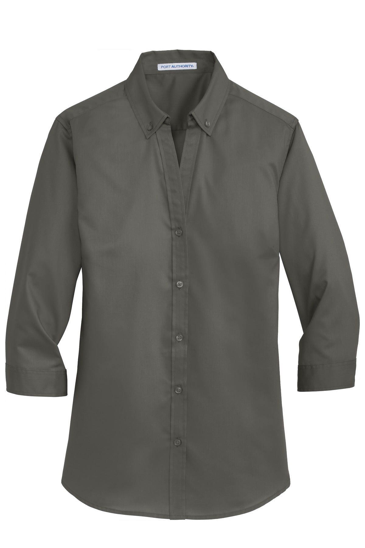 Front View of Sterling Grey Port Authority Women's 3/4-Sleeve SuperPro Twill Shirt. L665