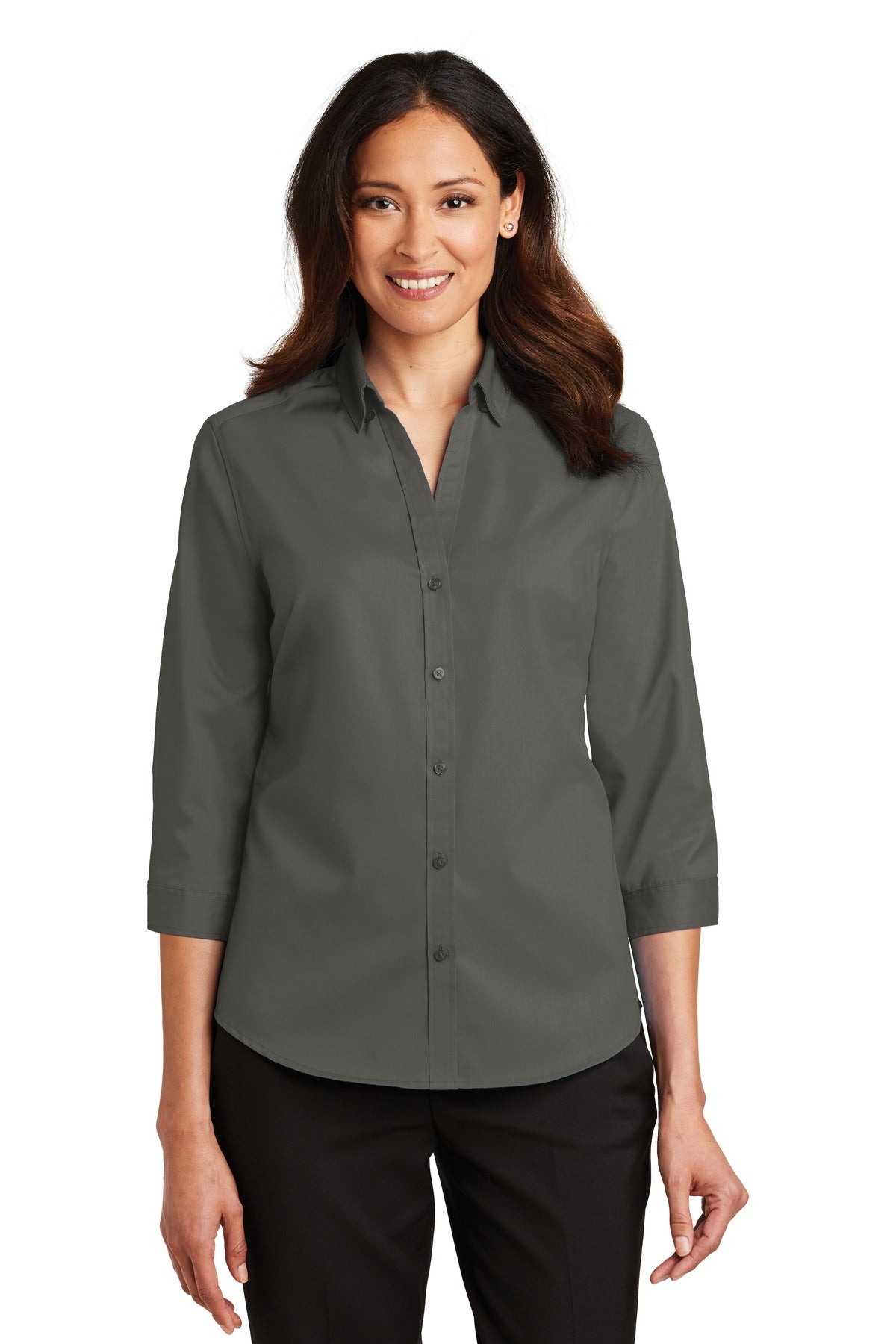 Front View of Sterling Grey Port Authority Women's 3/4-Sleeve SuperPro Twill Shirt. L665