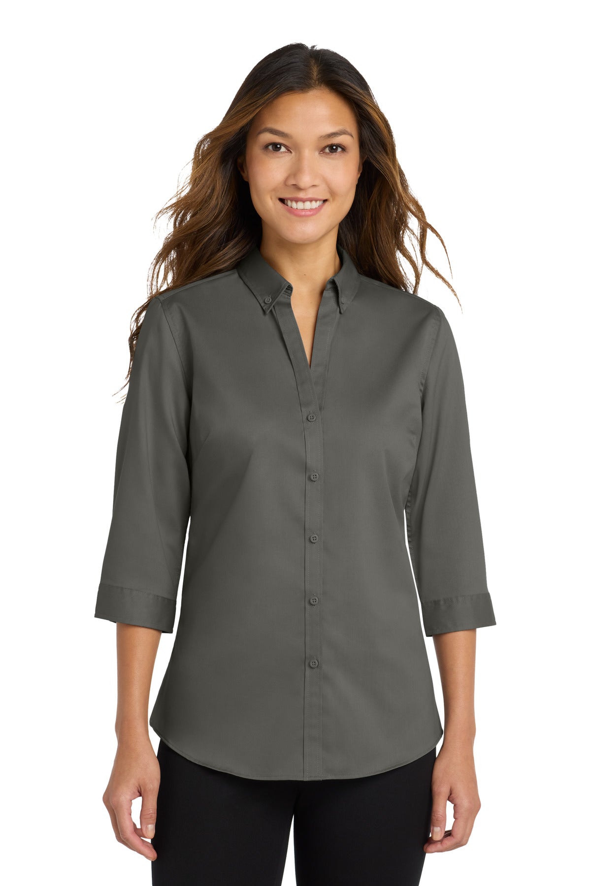 Front View of Sterling Grey Port Authority Women's 3/4-Sleeve SuperPro Twill Shirt. L665