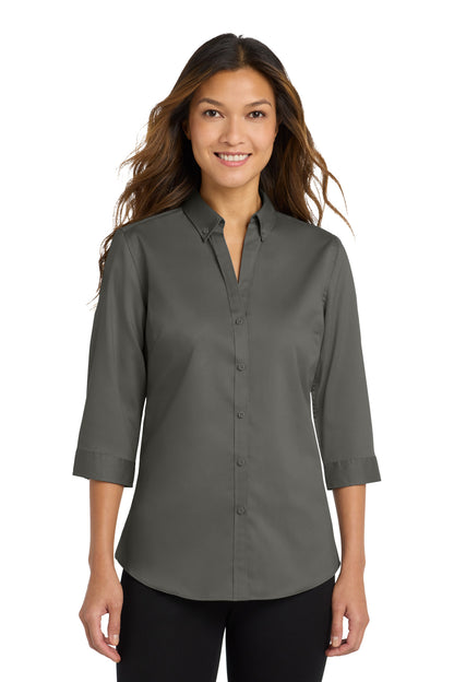 Front View of Sterling Grey Port Authority Women's 3/4-Sleeve SuperPro Twill Shirt. L665