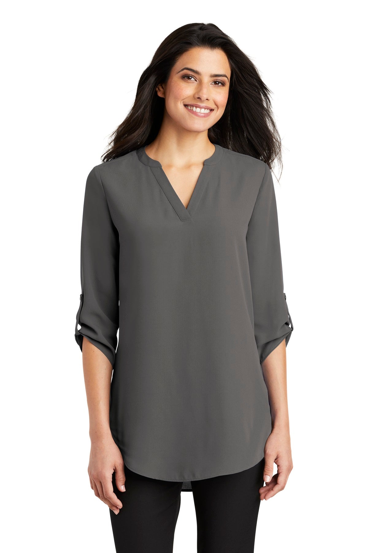 Front View of Sterling Grey Port Authority Women's 3/4-Sleeve Tunic Blouse. LW701