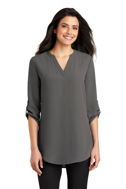 Front View of Sterling Grey Port Authority Women's 3/4-Sleeve Tunic Blouse. LW701