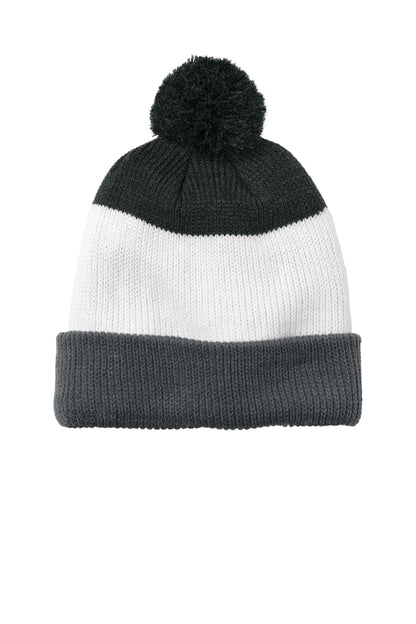 Front View of StmGy/M/CH Port Authority Cozy Striped Pom Beanie C979
