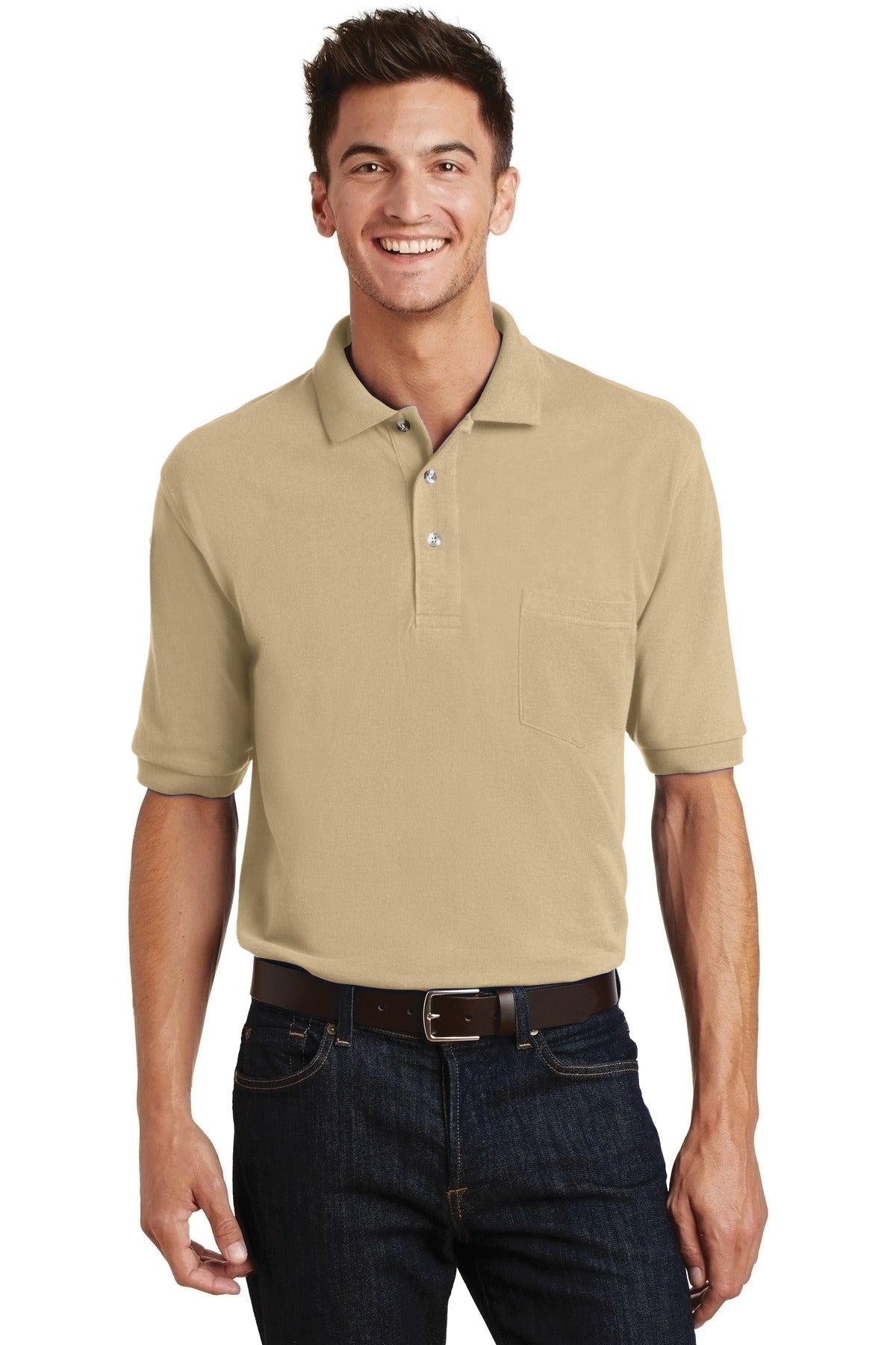 Front View of Stone Port Authority Heavyweight Cotton Pique Polo with Pocket. K420P