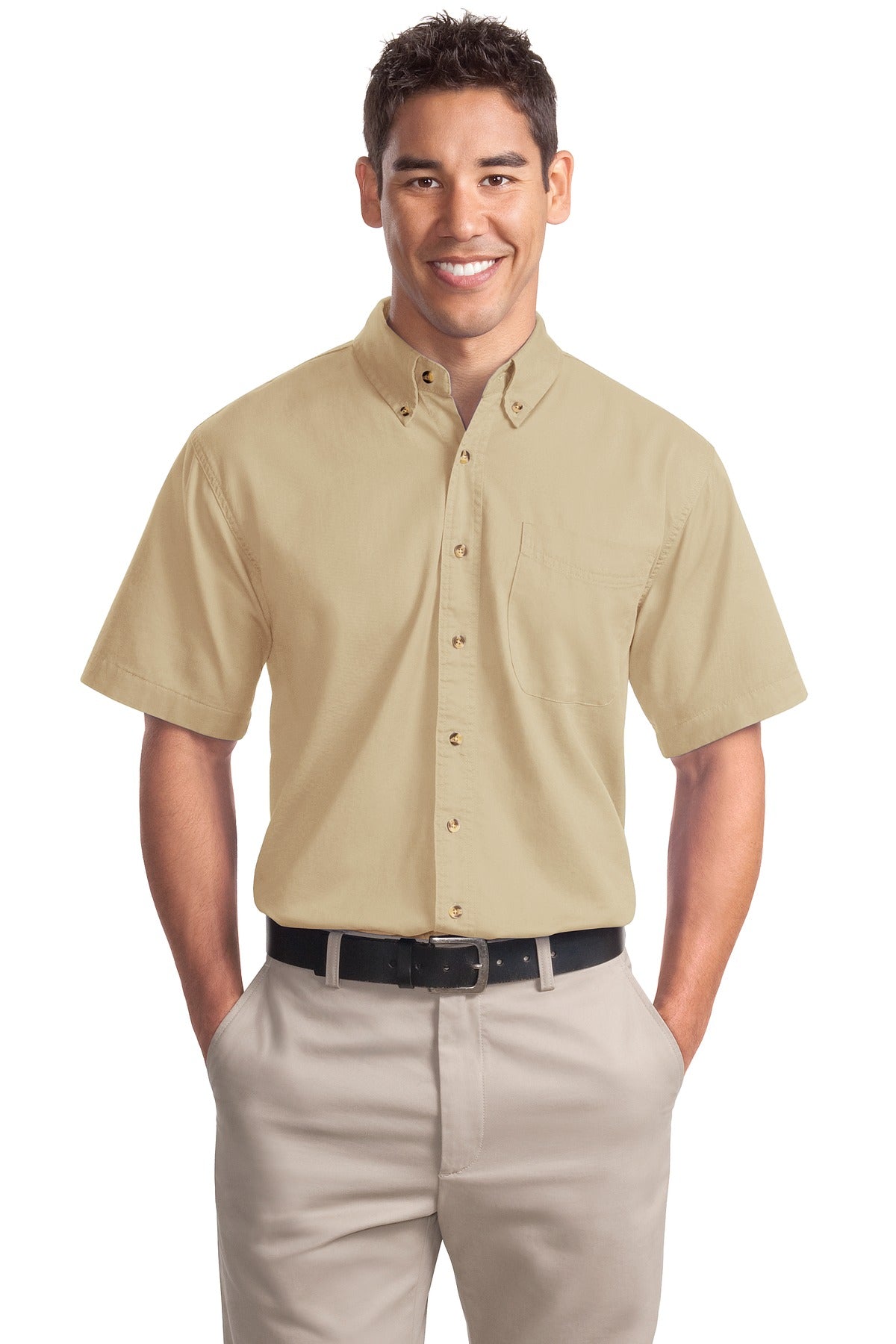 Front View of Stone Port Authority Short Sleeve Twill Shirt. S500T