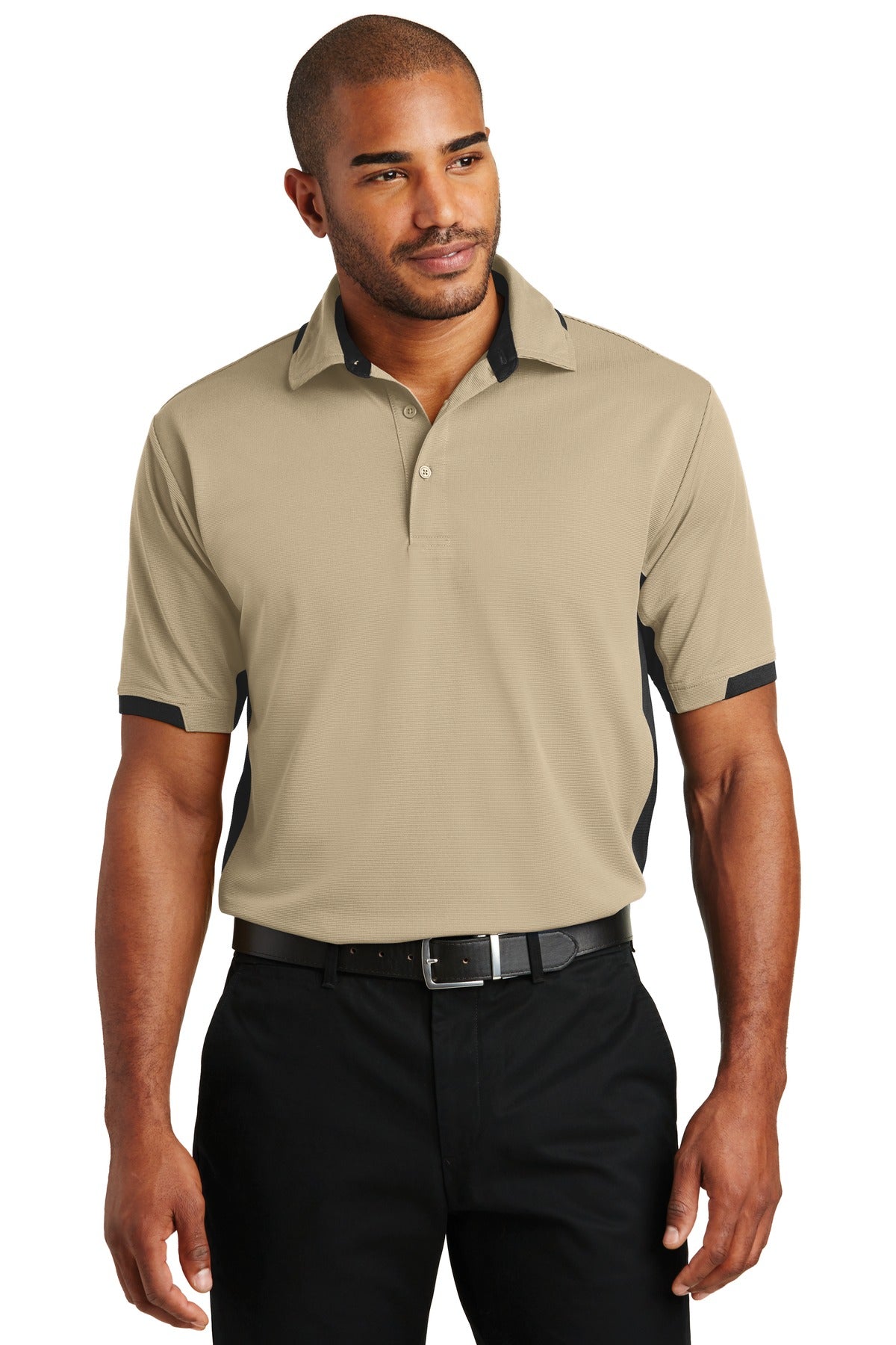 Front View of Stone/Black Port Authority Dry Zone Colorblock Ottoman Polo. K524