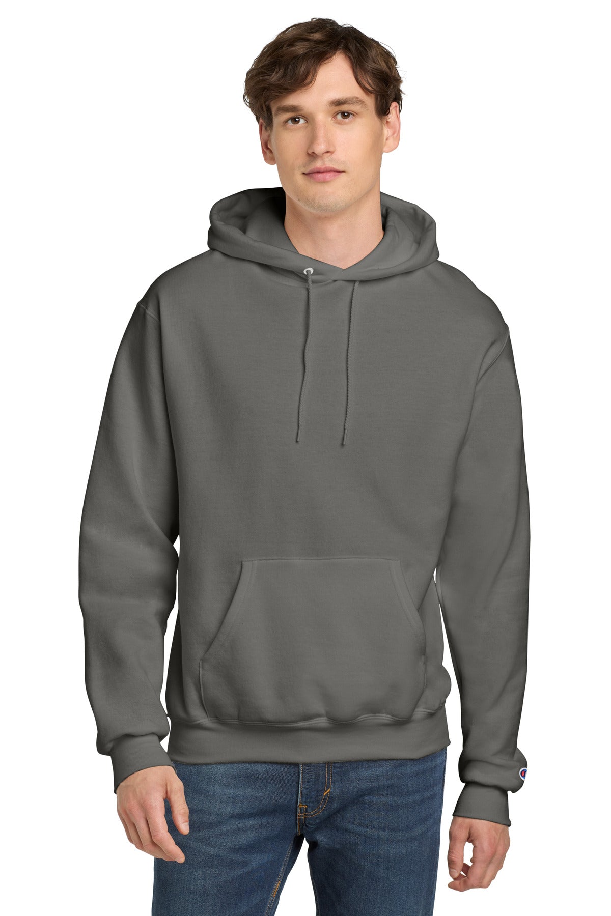 Front View of StoneGray Champion Powerblend Pullover Hoodie. S700
