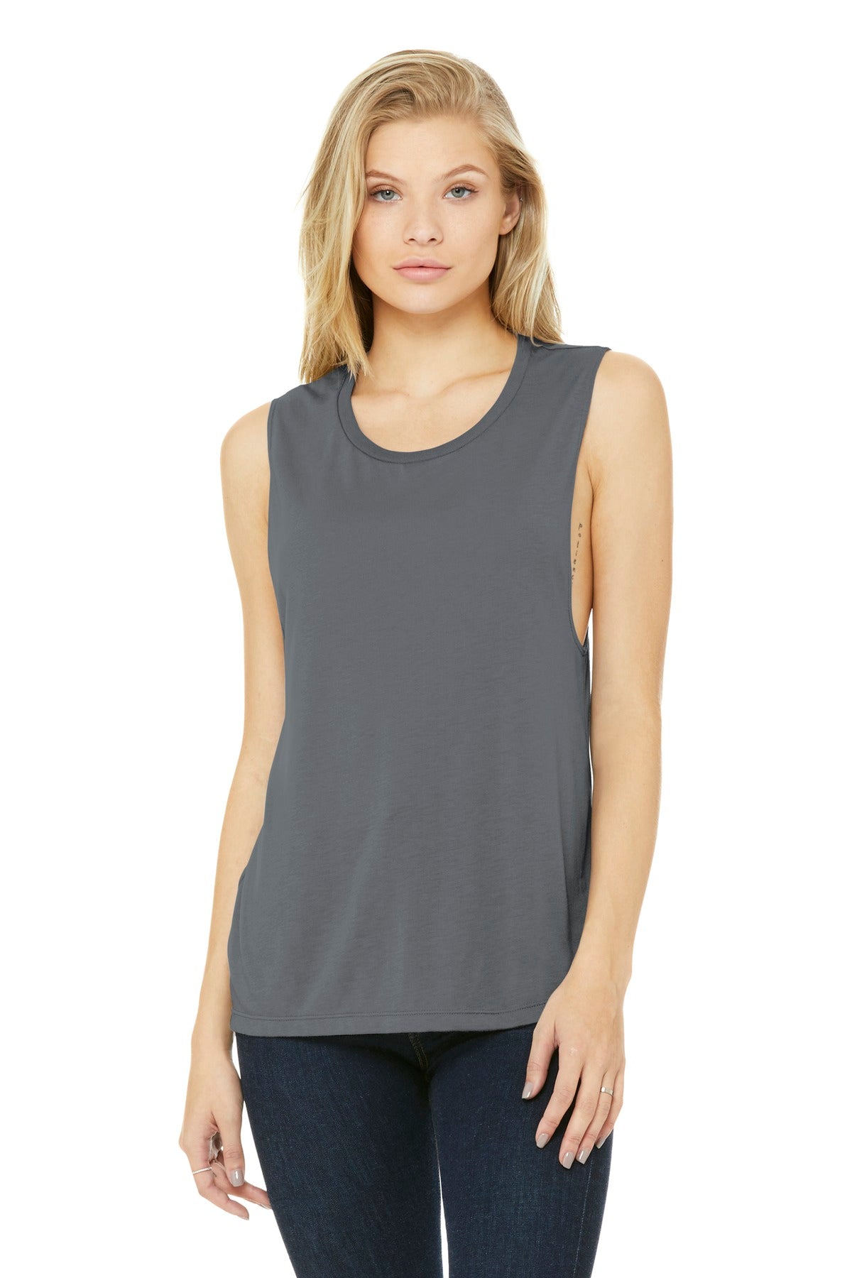 Front View of Storm BELLA+CANVAS Women's Flowy Scoop Muscle Tank. BC8803