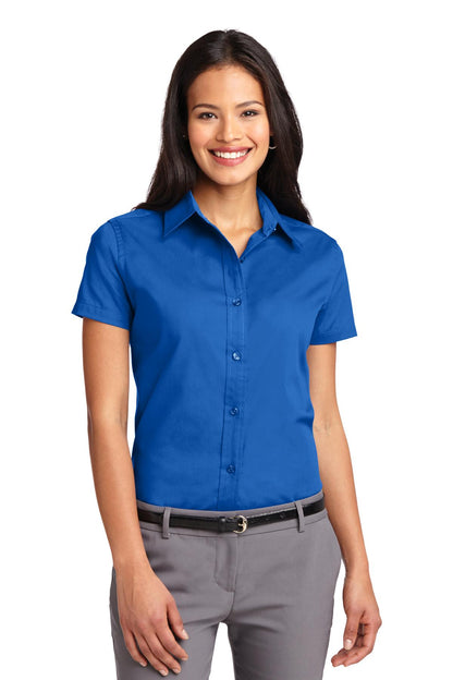Front View of Strong Blue Port Authority Women's Short Sleeve Easy Care Shirt. L508