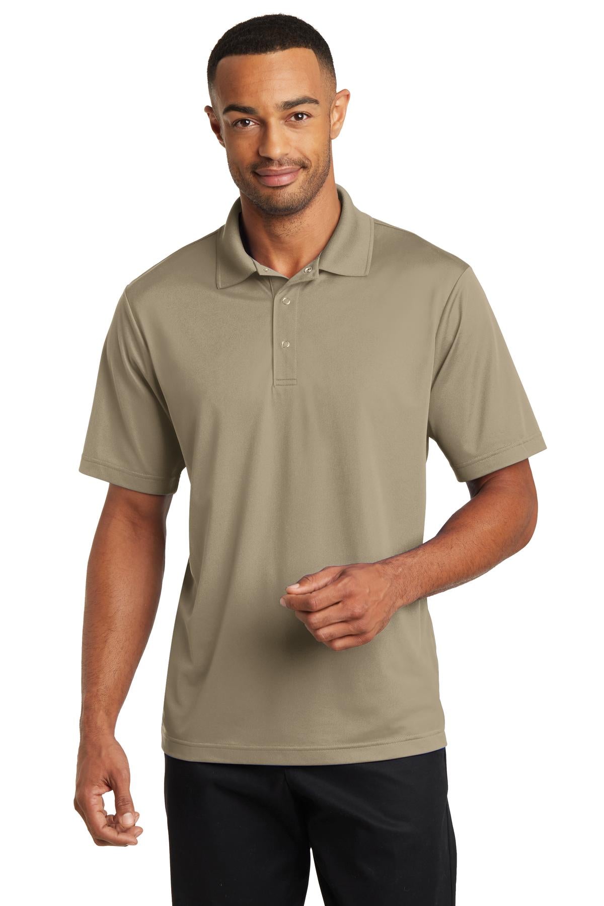 Front View of Tan CornerStone Micropique Gripper Polo. CS421