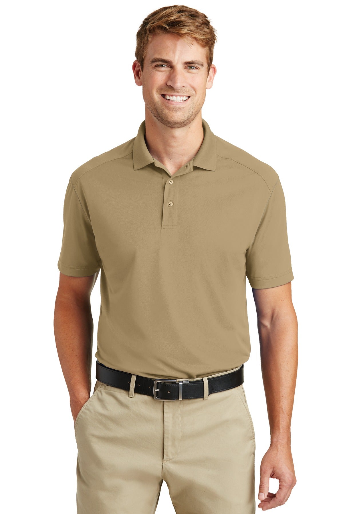 Front View of Tan CornerStone Select Lightweight Snag-Proof Polo. CS418