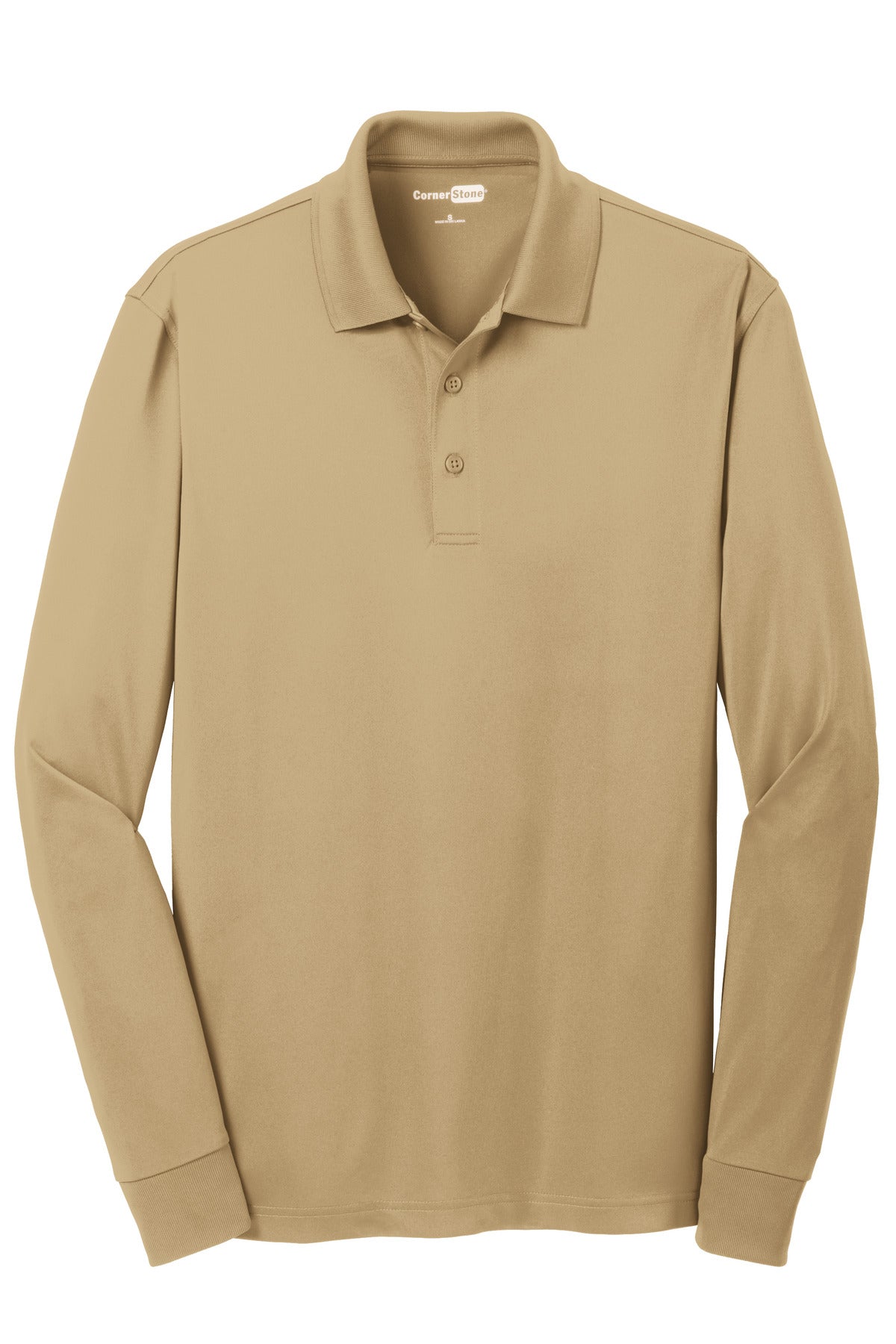 Front View of Tan CornerStone Select Snag-Proof Long Sleeve Polo. CS412LS