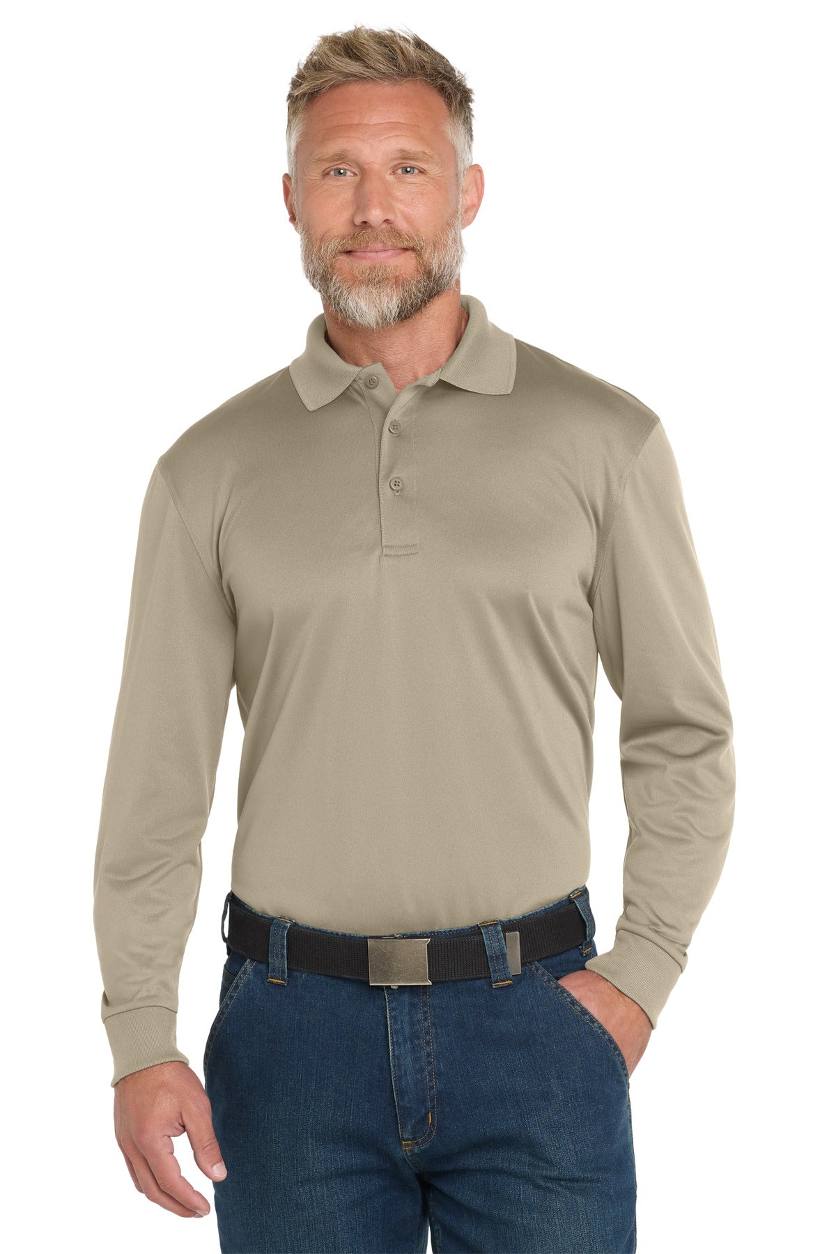 Front View of Tan CornerStone Select Snag-Proof Long Sleeve Polo. CS412LS