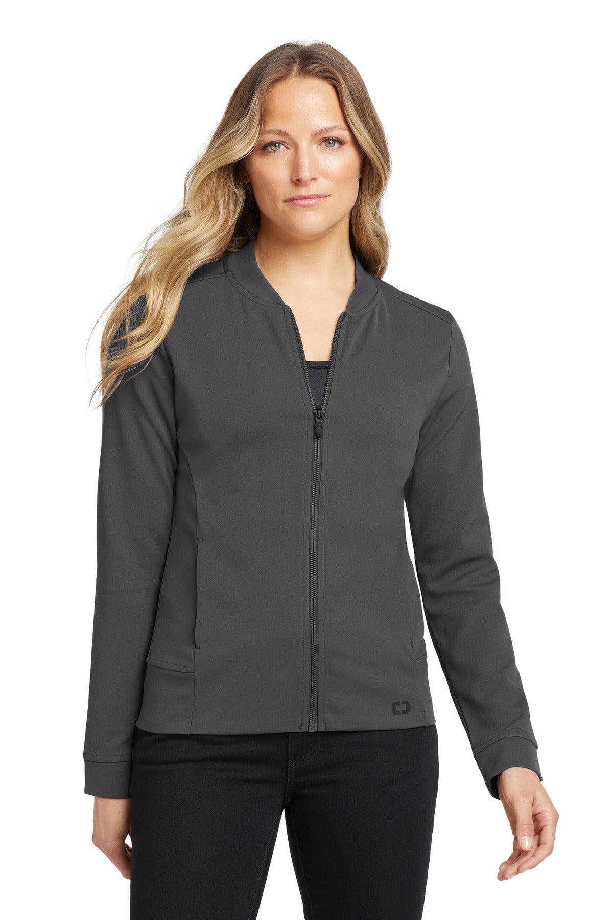 Front View of Tarmac Grey OGIO Women's Hinge Full-Zip. LOG820