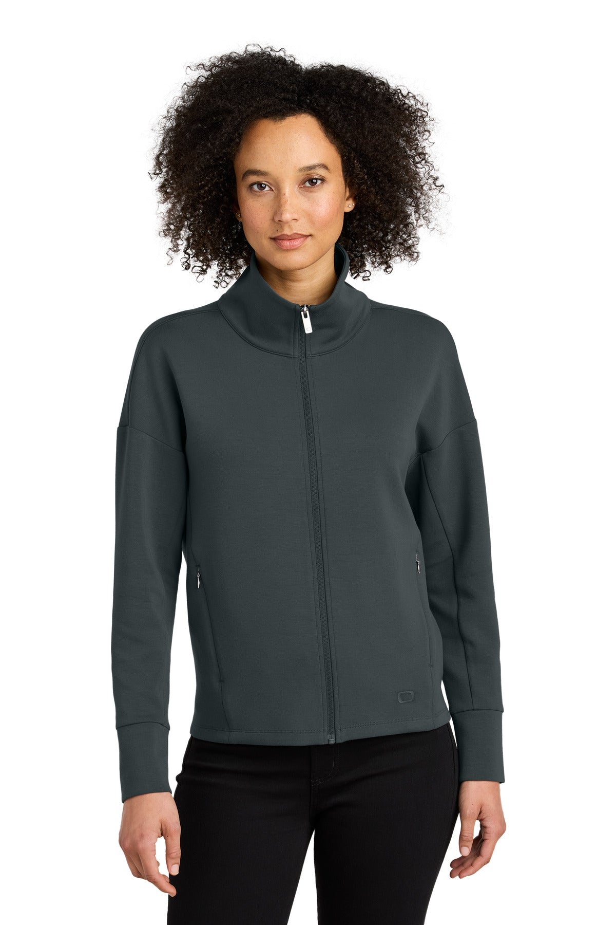 Front View of TarmacGrey OGIO Women's Transcend Full-Zip LOG860