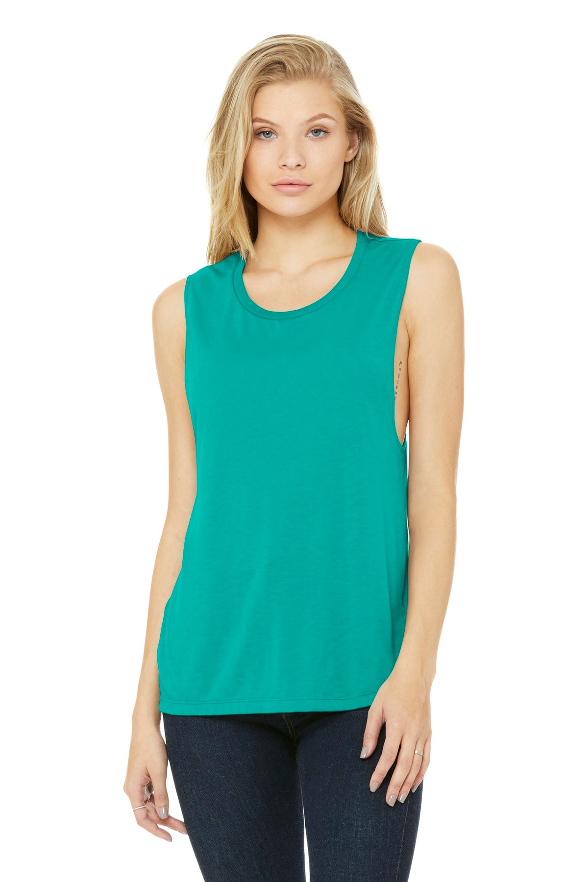 Front View of Teal BELLA+CANVAS Women's Flowy Scoop Muscle Tank. BC8803