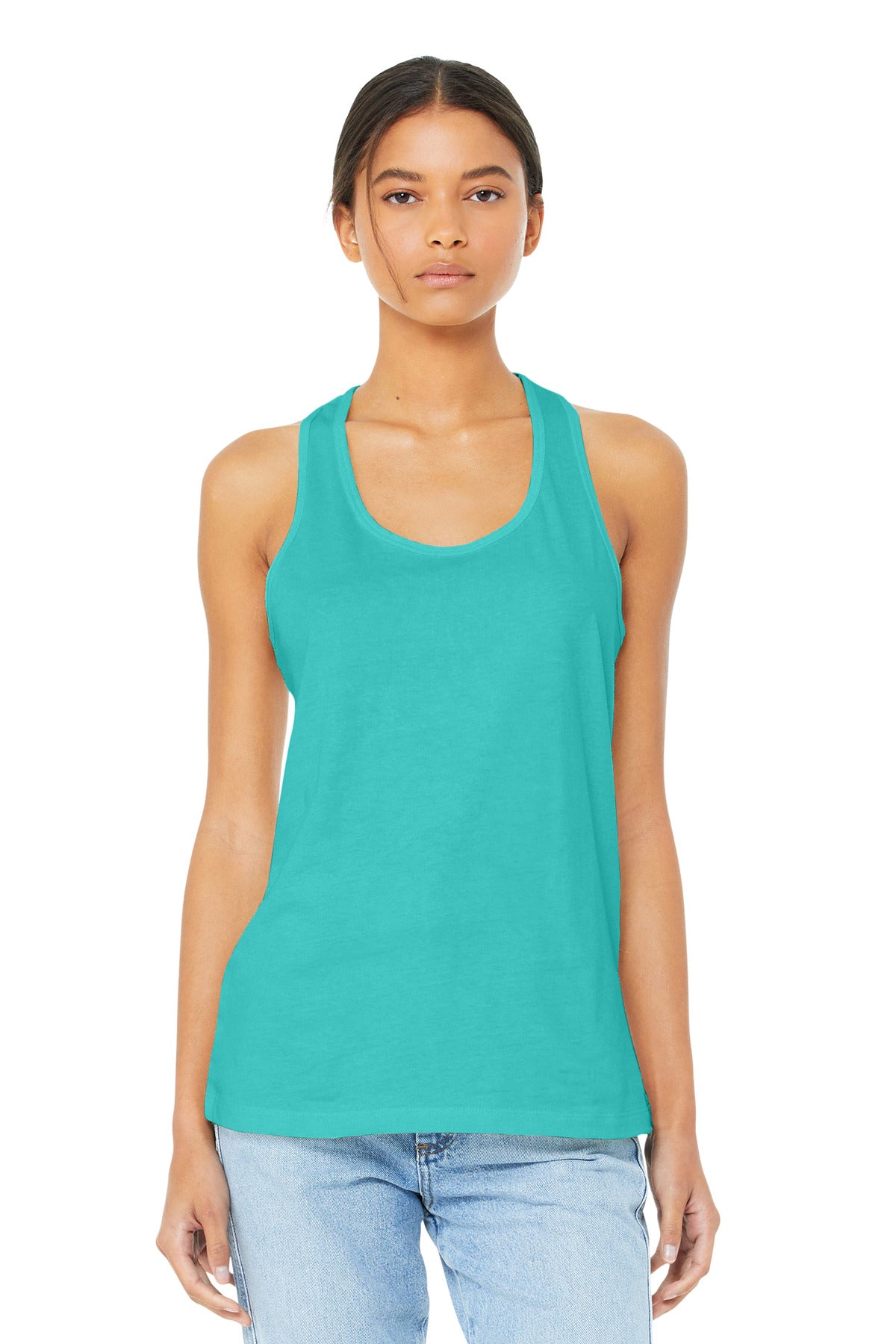 Front View of Teal BELLA+CANVAS Women's Jersey Racerback Tank. BC6008