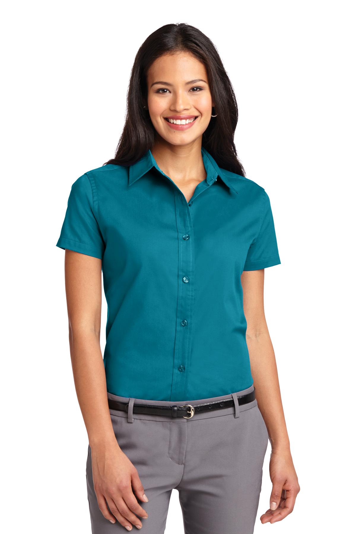 Front View of Teal Green Port Authority Women's Short Sleeve Easy Care Shirt. L508