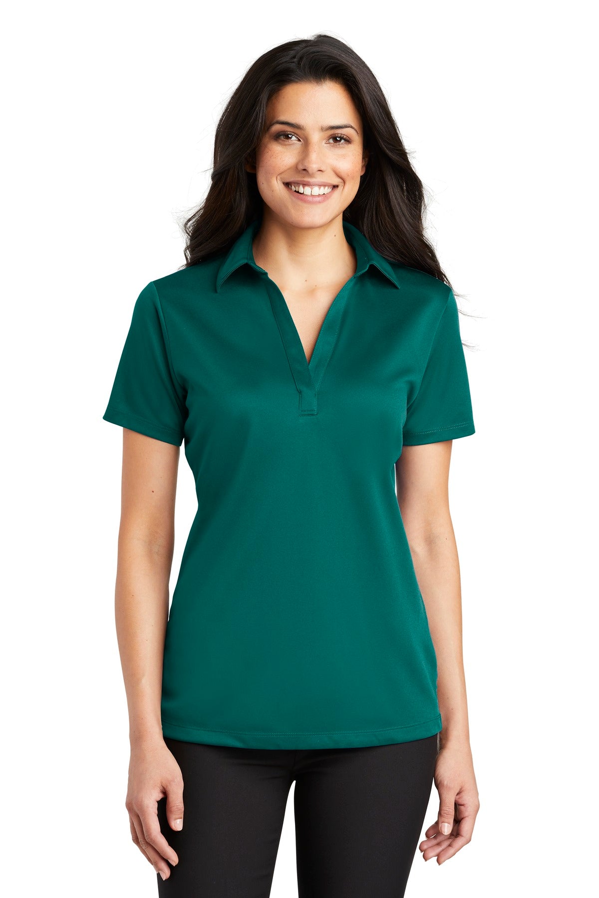 Front View of Teal Green Port Authority Women's Silk Touch Performance Polo. L540