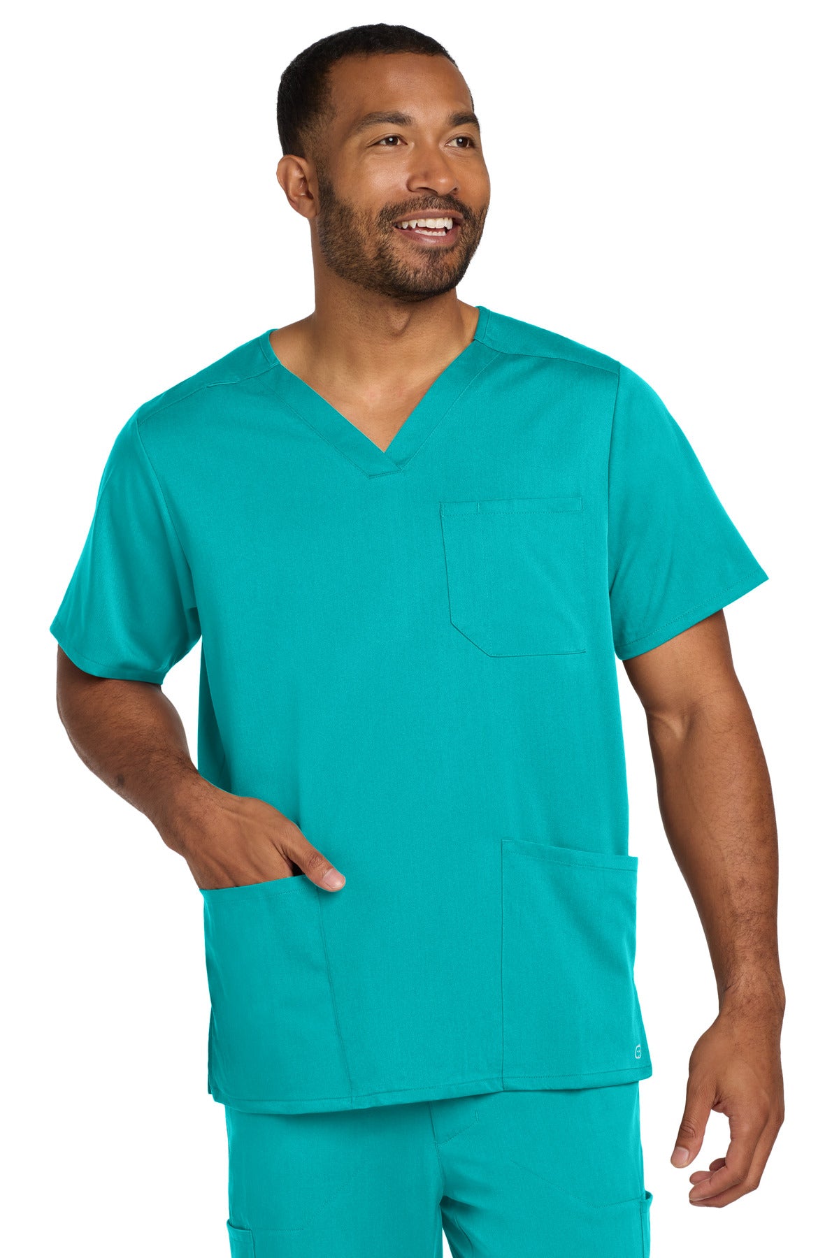 Front View of Teal Wink Men's Premiere Flex V-Neck Top WW5068