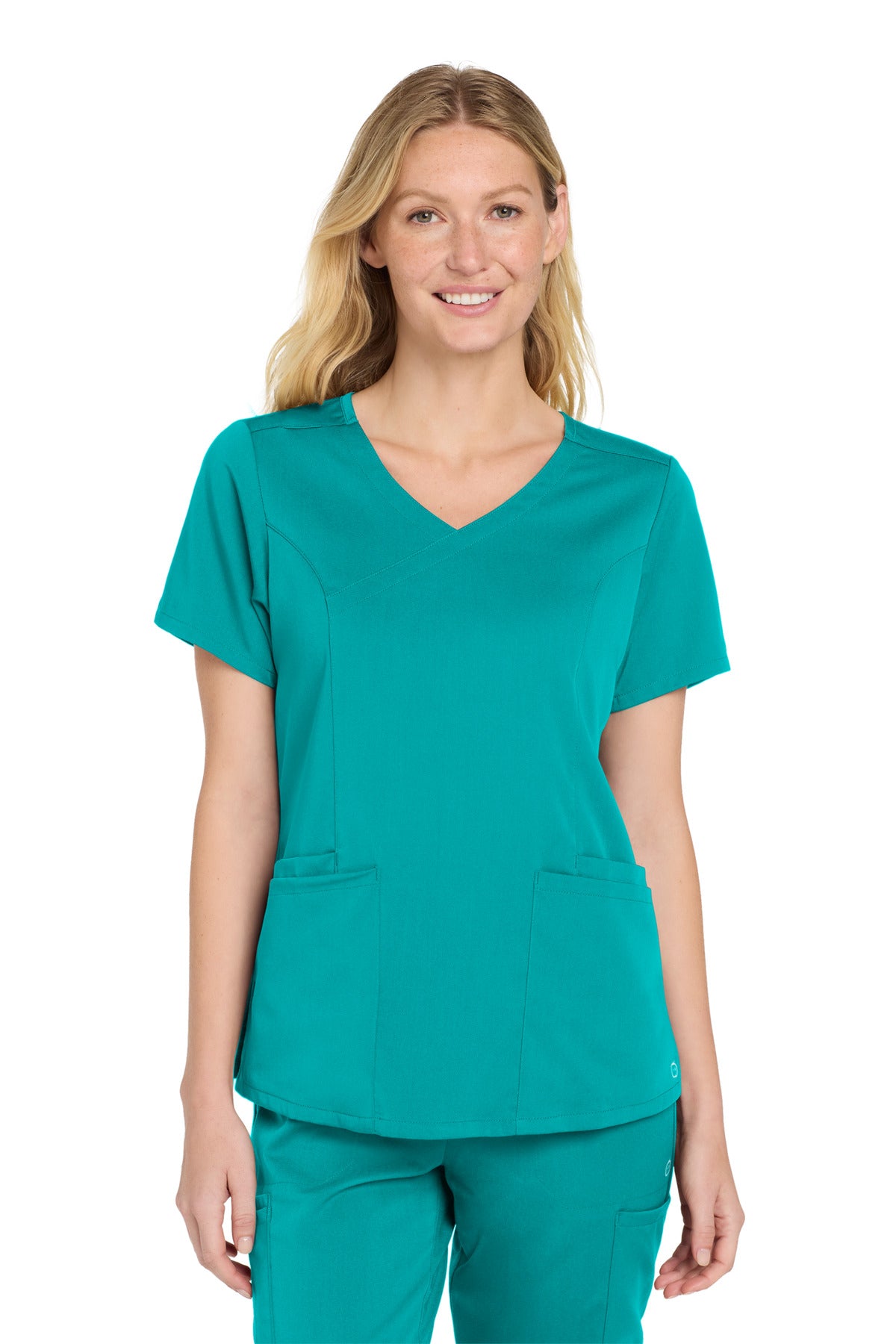 Front View of Teal Wink Women's Premiere Flex Mock Wrap Top WW4268
