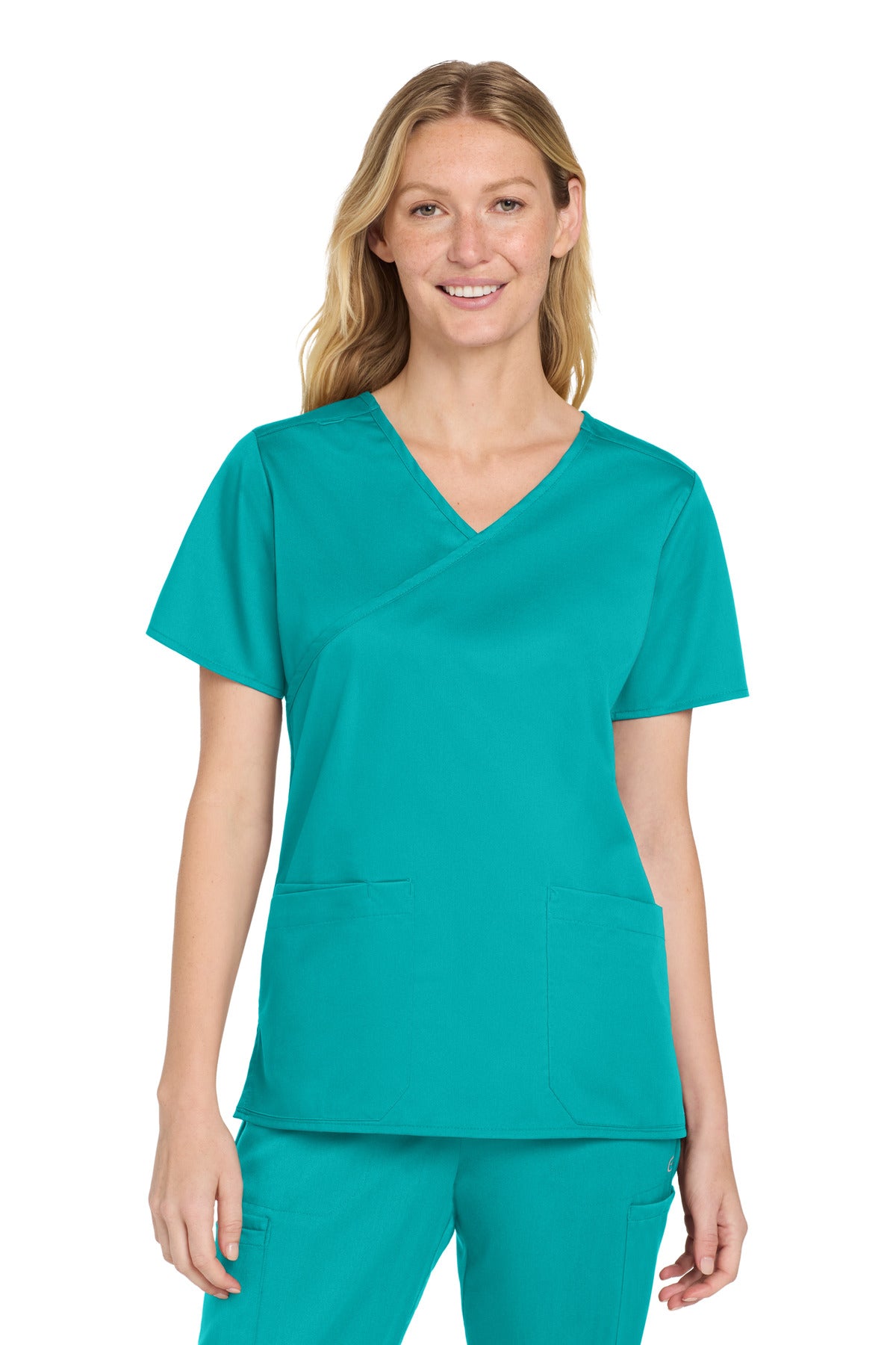Front View of Teal Wink Women's WorkFlex Mock Wrap Top WW4760
