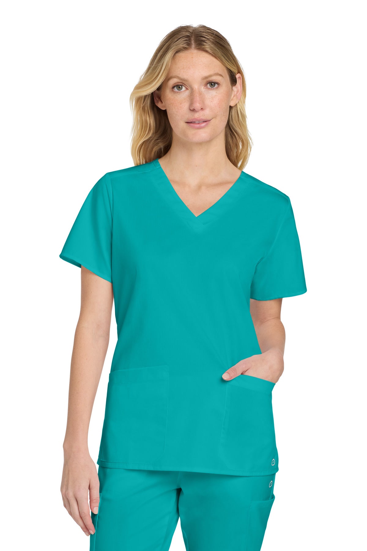 Front View of Teal Wink Women's WorkFlex V-Neck Top WW4560