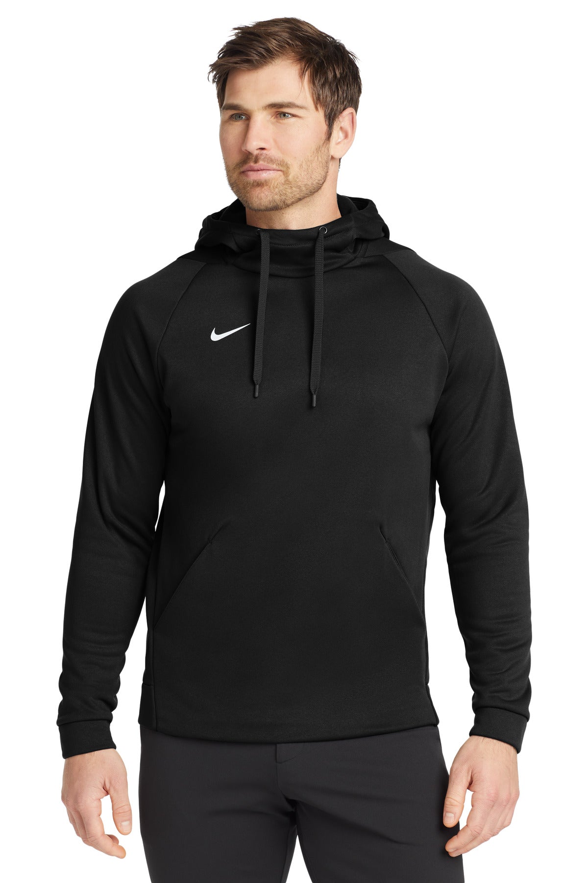 Front View of Team Black Nike Therma-FIT Pullover Fleece Hoodie CN9473