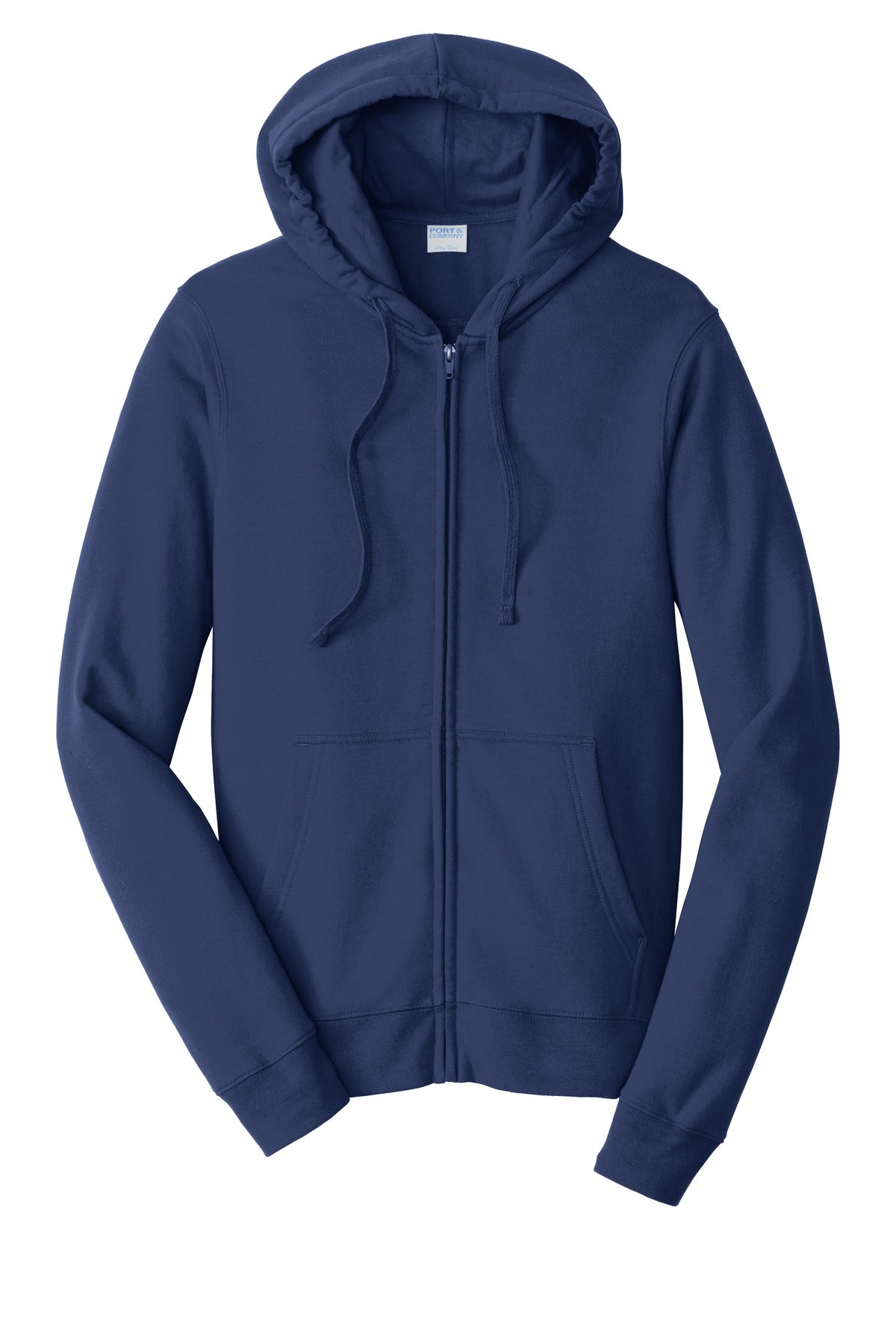 Front View of Team Navy Port & Company Fan Favorite Fleece Full-Zip Hooded Sweatshirt. PC850ZH