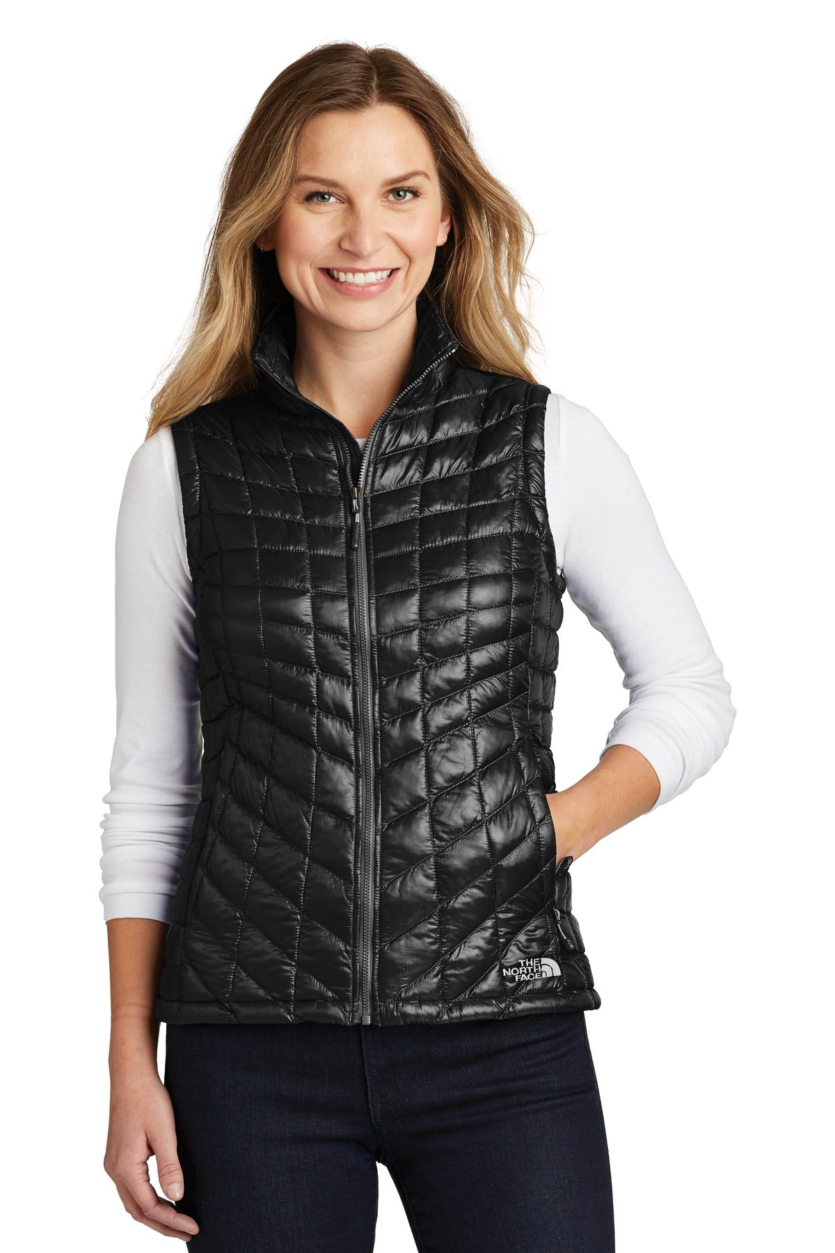 Front View of TNF Black The North Face Women's ThermoBall Trekker Vest. NF0A3LHL