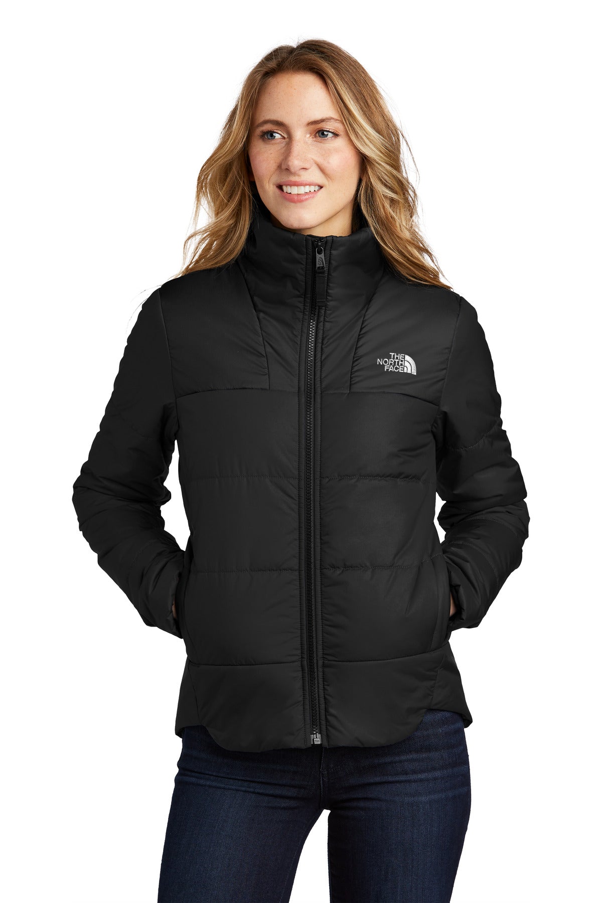 Front View of TNFBlack The North Face Women's Chest Logo Everyday Insulated Jacket NF0A7V6K