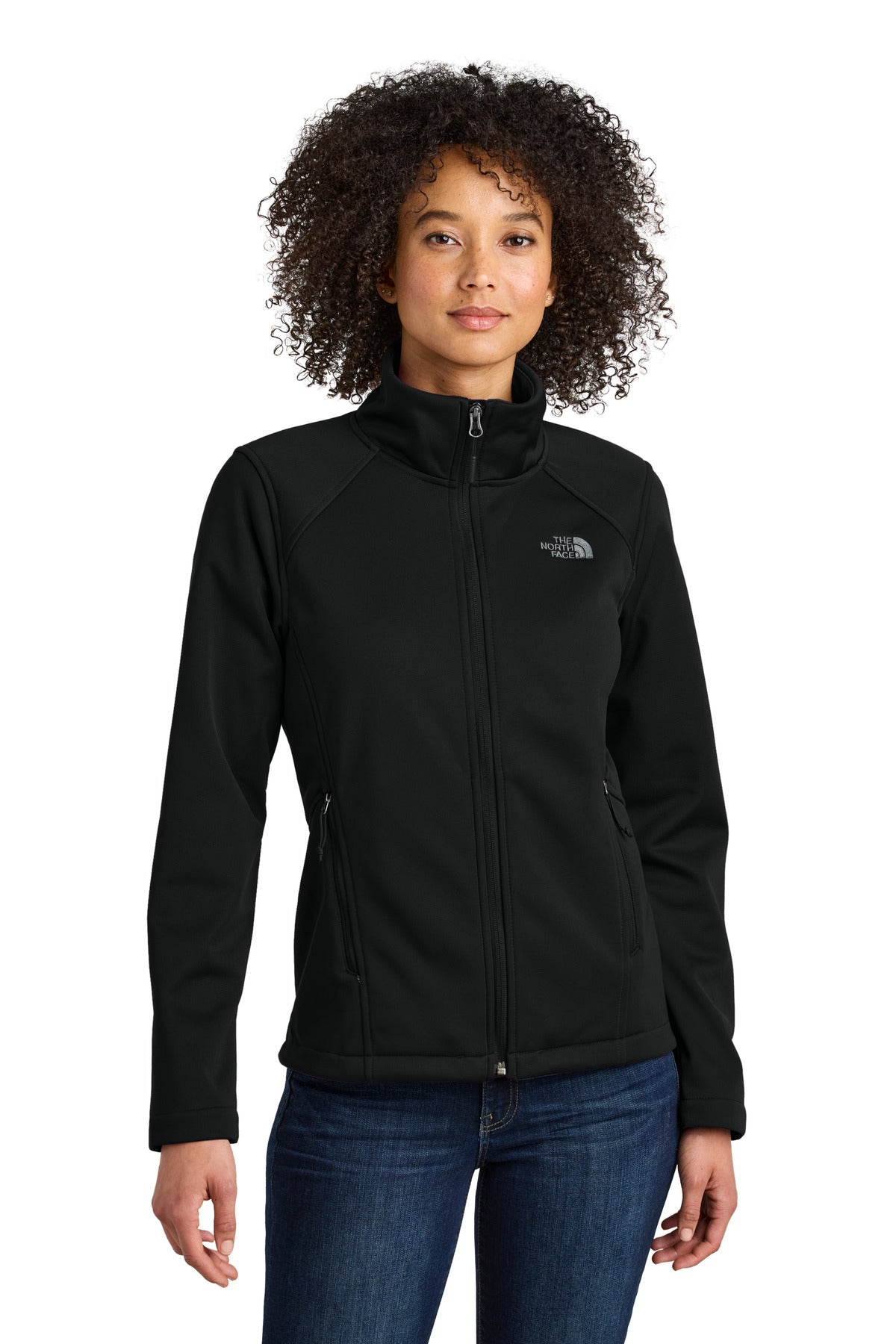Front View of TNFBlack The North Face Women's Chest Logo Ridgewall Soft Shell Jacket NF0A88D4