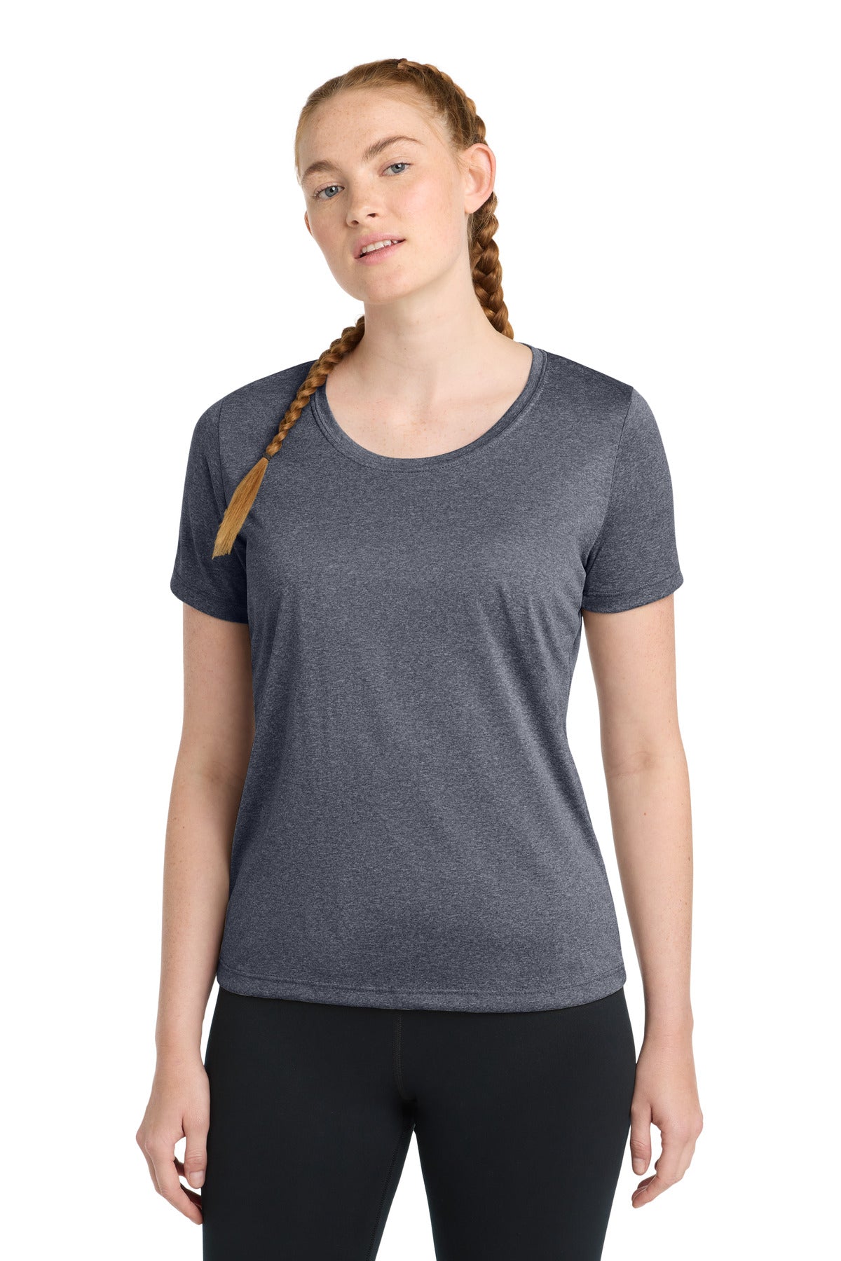 Front View of Tr Navy Hthr Sport-Tek Women's Heather Contender Scoop Neck Tee. LST360