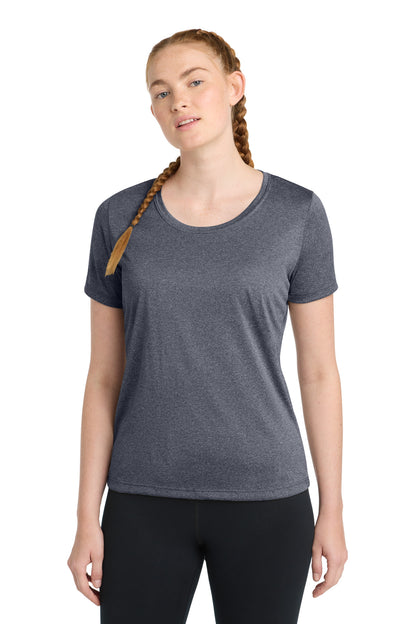 Front View of Tr Navy Hthr Sport-Tek Women's Heather Contender Scoop Neck Tee. LST360