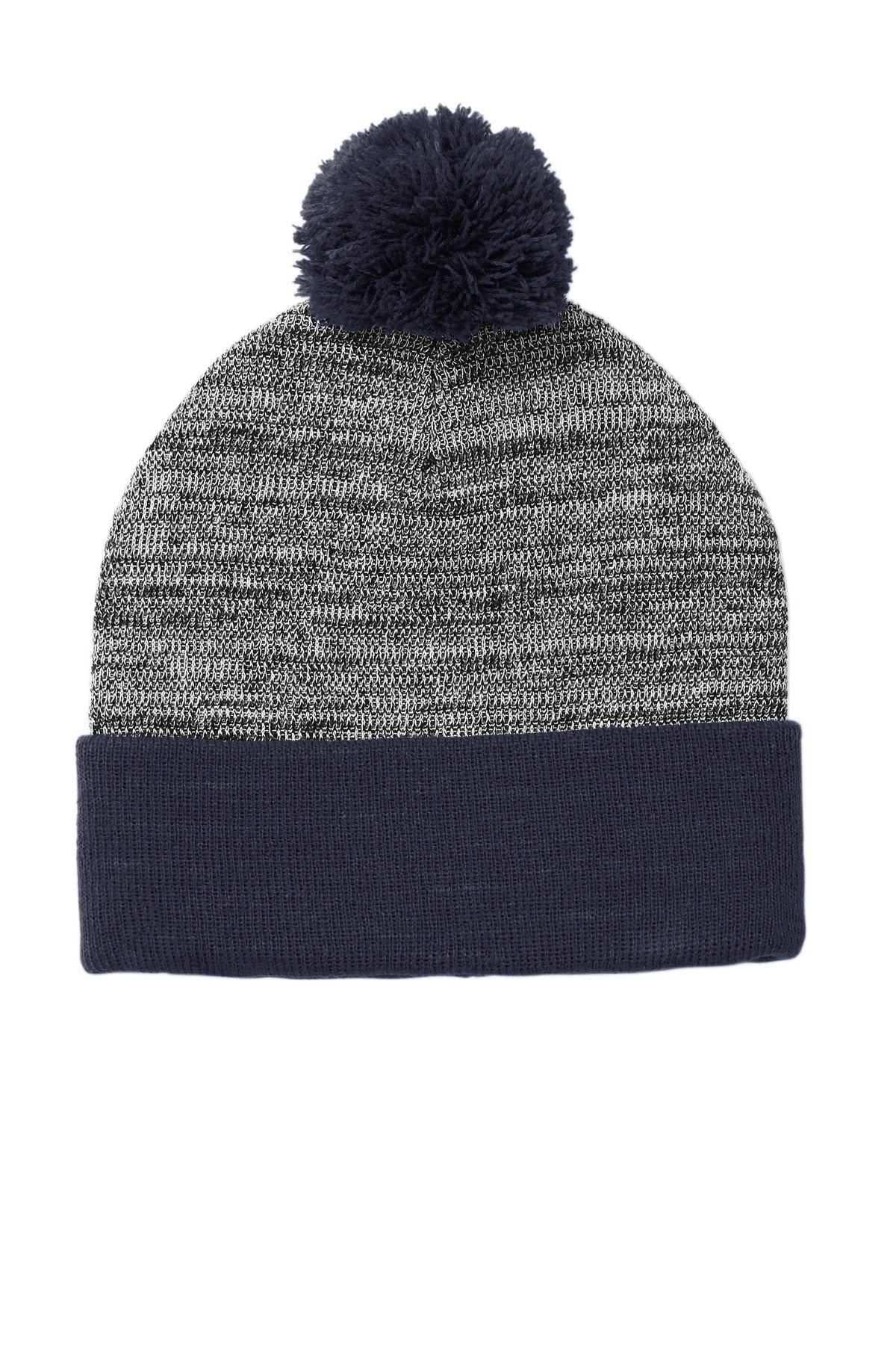 Front View of Tr Navy/Gr Hth Sport-Tek Heather Pom Pom Beanie STC41