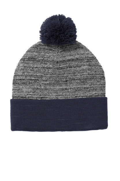 Front View of Tr Navy/Gr Hth Sport-Tek Heather Pom Pom Beanie STC41