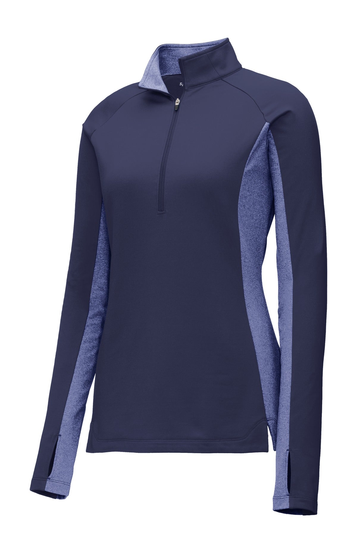 Front View of Tr Navy/Tr NyH Sport-Tek Women's Sport-Wick Stretch Contrast 1/4-Zip Pullover. LST854