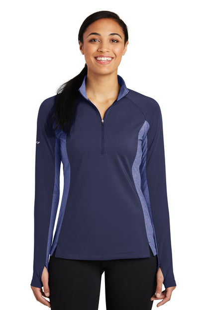 Front View of Tr Navy/Tr NyH Sport-Tek Women's Sport-Wick Stretch Contrast 1/4-Zip Pullover. LST854